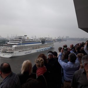 Ein Kreuzfahrtschiff fährt direkt an der Elbphilharmonie vorbei