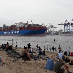 Menschen genießen den Sommer am Elbstrand und blicken auf ein vorbei fahrendes Container-Schiff