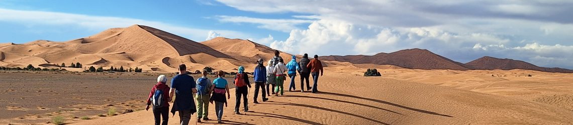 Gruppen (von hinten) läuft über die Sanddünen von Merzouga